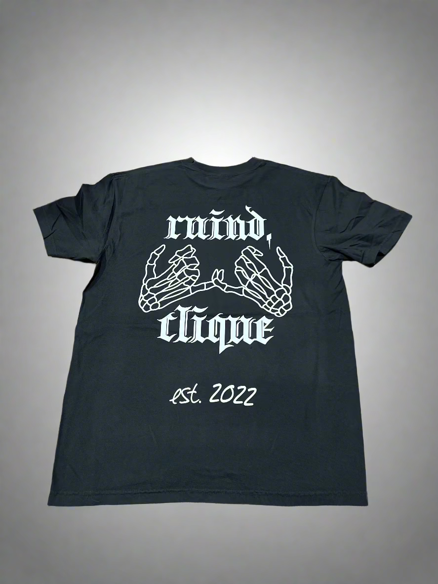 Black t-shirt showcasing 'Ruind Clique' club name and two skeleton hands linked together, creating a striking back design.
