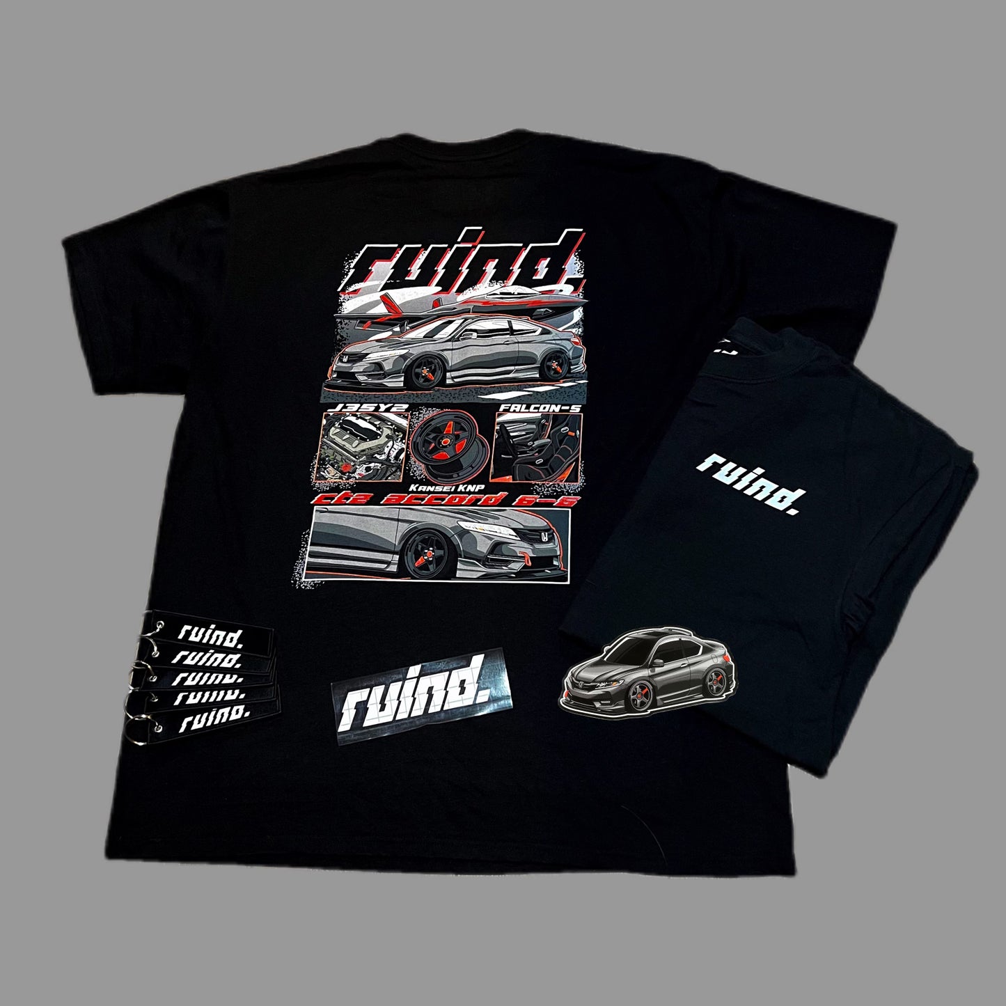 Detailed Honda Accord design T-shirt. Included is a keychain a ruind sticker and a honda accord animated sticker.